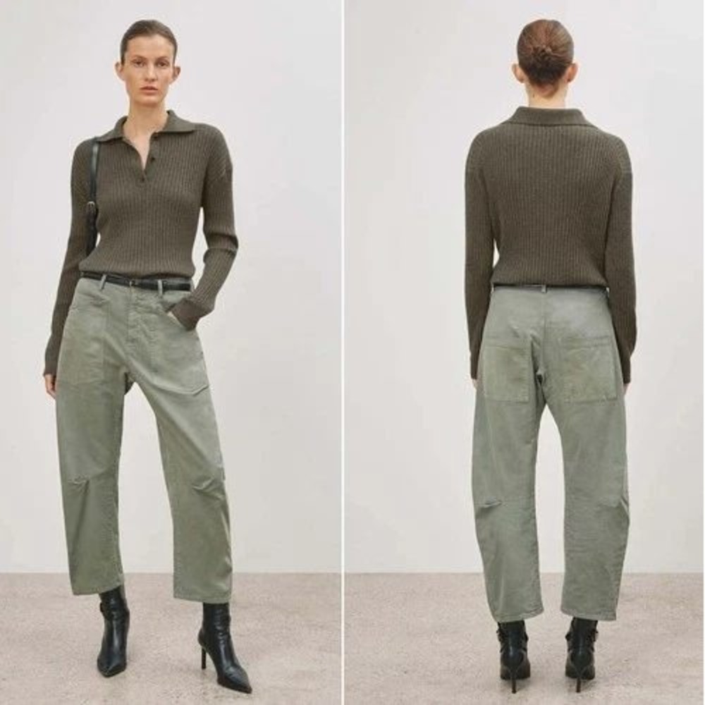 Nili Lotan Womens Shon Pant Size 4 Admiral Green Crop Curved Leg Baggy Barrel